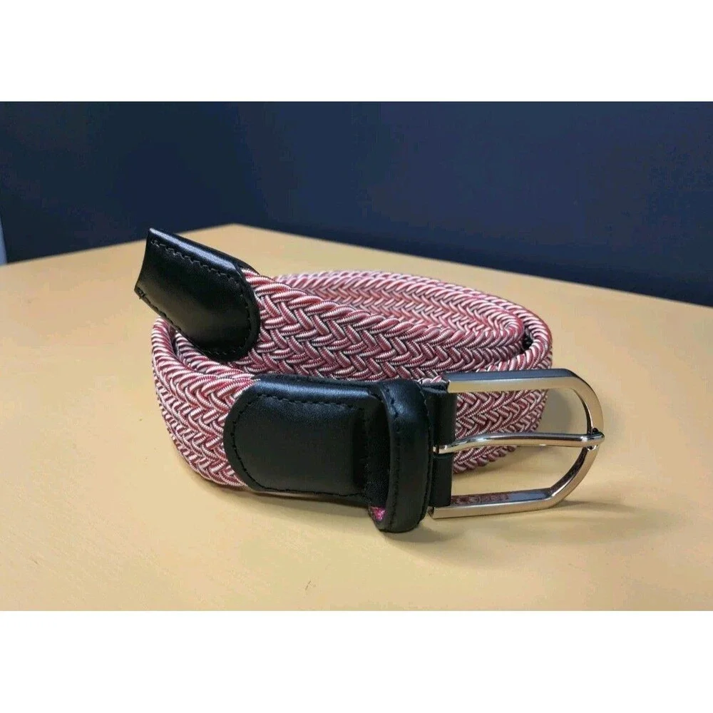 BELTOLOGY Woven Stretch Mens Belt Size 30 Black Leather Trim Red and White NWOT